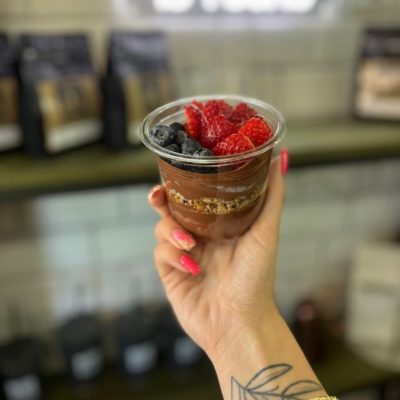 Homemade chocolate mouse, granola and fresh fruit