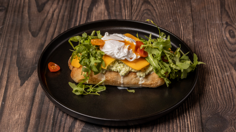 369 Poached egg on Focaccia bread