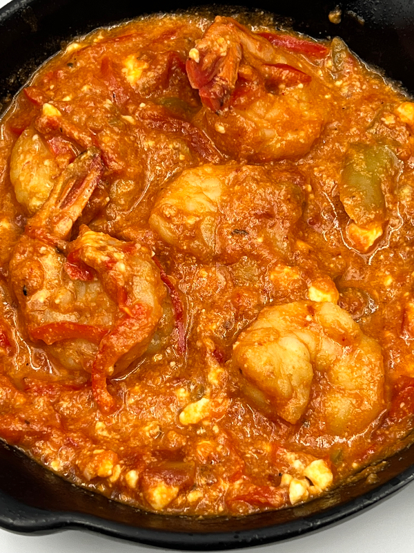 Shrimp saganaki with feta and tomato sauce